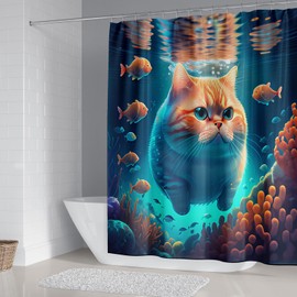 DDS-DUDES Cute Cat Shower Curtain Set for Kids Bathroom, Funny Orange Garfield Swimming and Fish in Sea Fabric Decor Waterproof Curtains with 12pcs Hooks 71 x 71 inch