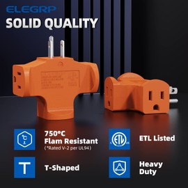 ELEGRP 3-Prong Heavy Duty Power Extender to Triple Outlet in T Direction, Multi-Directional Grounded Wall Tap Outlet Extender with 3 Prong Plug-in, 15-Amp, 125-Volt, ETL Listed, 2 Pack, Orange