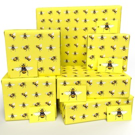 Luxury ECO Gift Wrap - 6 sheets/tags - Yellow Bees - Birthday - Recycled & Recyclable Wrapping Paper - Re-wrapped