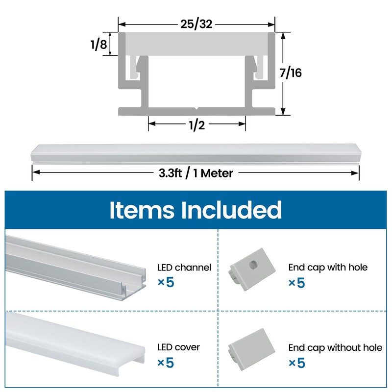 Muzata 5Pack 3.3FT/1M Spotless LED Channel Waterproof Silver Aluminum LED