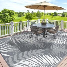 Outdoor Rug 10'x8' Waterproof for Patios Clearance, Reversible Outdoor Plastic Straw Rug Camping Carpet, Outside Floor Mats Large Area Rugs for RV,Patio,Deck,Porch,Beach,Balcony,Grey&White