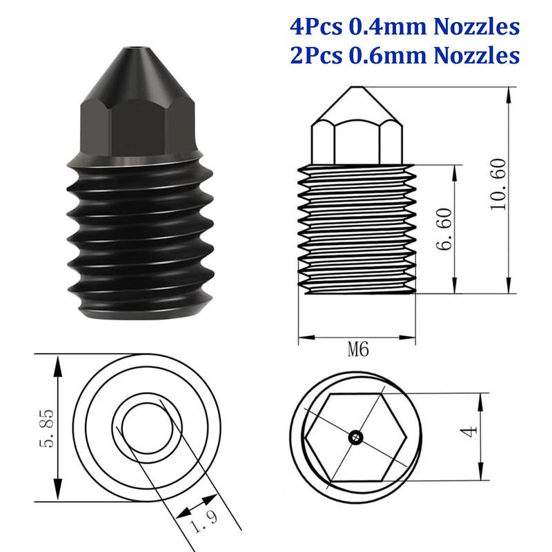 Nssnlur Pack of 6 hardened steel nozzle for Bambulab X1/X1C/X1E/P1P/P1S,