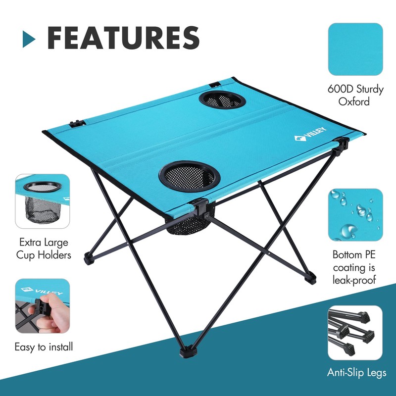 VILLEY Folding Camping Table, Portable Camping Table with 2 Cup
