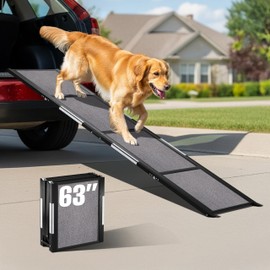 PATHOSIO PETS Portable Dog Ramp for Car – Foldable Dog Car Ramp for Truck, SUV, High Bed & Sofa with Anti-Slip Feet & Traction Carpet – Small to Large Breeds (63" Long & 17" Wide)