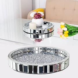 13.75" Round Silver Mirror Decorative Tray, Mirrored Vanity Organizer with Crushed Diamond, Crystal Coffee Table Tray, Glass Makeup Perfume Jewelry Serving Tray for Bathroom Bedroom Dresser
