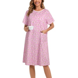 AVIIER 100% Cotton Hospital Gowns for Women Open Back Adaptive Clothing Nightgown Post Shoulder Surgery Patient Gown Pink Flower M