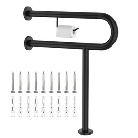 Toilet Support Rail w/Toilet Paper Holder 24x28 Inch, ZUEXT Wall to Floor Matte Black Anti-Slip Handicap Grab Bar for Bathroom, Stainless Steel Safety handrails with Leg for Elderly Disabled Pregnant
