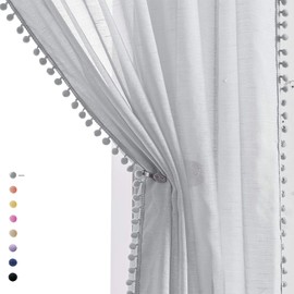 Treatmentex - Cortinas transparentes de lino con pompones grises para toldo en el recámara de niñas de 84 pulgadas de largo, cortinas transparentes con textura para ventanas, 2 piezas