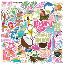 Cute Coconut Girl Aesthetics Waterproof Stickers for Water Bottle, 50PCS Coconut Beach Sea Stickers Pack for Laptop, Surfboard, Summer Sticker for Kids Adult Teens, Party Decoration