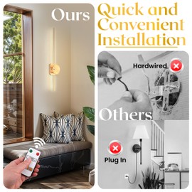 LED Wall Sconce - Rechargeable, Battery Operated LED Wall Sconce with Remote Control and Removable Battery, Stepless Dimming, 360° Rotation, Wall Lights for Living Room, Bedroom, 24.5in, Gold (1 Unit)