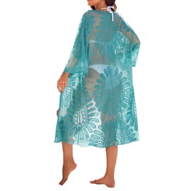 Blooming Jelly Womens Bathing Suit Cover Up 3/4 Sleeve Mesh Swimsuit Coverup Long Floral Beach Lace Kimono Summer Cardigan (One Size, Pea Green)
