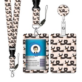 ID Badge Holder with Retractable Lanyard and Keychain, Badge Reel with Rotate Carabiner Clip,Beige Flower Card Name Tag Lanyard ID Protector Bage Clips for Student, Women, Office (Dachshund Dogs)
