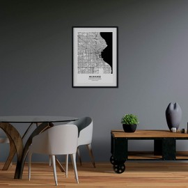 Nacnic Poster with map of Milwaukee - USA. Sheets US cities with seas and rivers in black color. A4 size frame