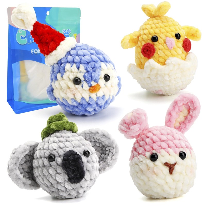 Crochet Kit for Beginners, 4 Pattern Animals, Rabbit, Koala, Penguin,