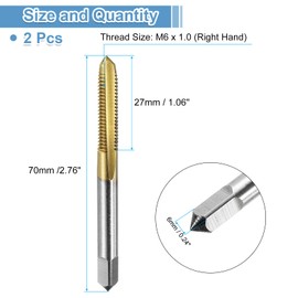 sourcing map 2pcs Straight Flute Thread Tap, M6 x 1.0 Metric Titanium Coated Screw Threading Tapping Tool Thread Milling Machine Taps, High-Speed Steel 6542 (HSS 6542)