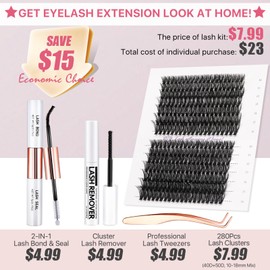 Vznffur Lash Extension Kit 280Pcs C Curl Wispy Individual Lash Clusters 10-16MM Cluster Eyelash Extensions with Lash Bond and Seal Lash Tweezers and Lash Remover