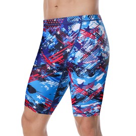 K898 Men's Swim Jammers UPF50+, Swim Training Printed Jammer Swimsuit Endurance Compression for Men (Colorful Blue-WF, XL)