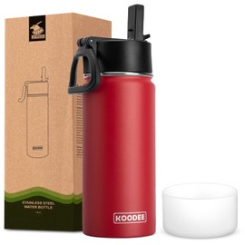 koodee 16 oz Water Bottle Stainless Steel Double Wall Vacuum Insulated Water Bottle for School, Wide Mouth Water Flask with Straw (Canyon Red)