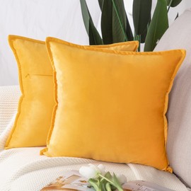 Madizz Pack of 2 Super Soft Velvet Decorative Cushion Covers with Fringe Luxury Style Cushion Case Pillow Shell for Sofa Bedroom Square Yellow 20x20 inch, 50x50 cm