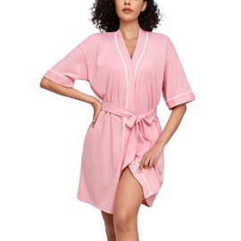 COLORFULLEAF Women's 100% Cotton Robes Summer Short Sleeve Bathrobe Knee Length Sleepwear with Pockets (Pink,2XL)