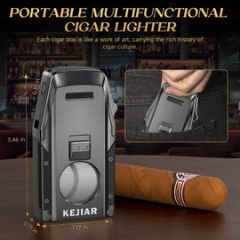 KEJIAR Cigar Lighter, Double Jet Torch Lighter, Built-in Punch, Double Edge Cigar Cutter and Holder, Refillable Butane Lighter, Ideal Cigar Accessories for Men Gift (Grey)