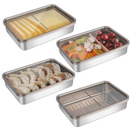 Set of 4 Fresh Food Storage Boxes, Fridge Organiser, Stackable Stainless Steel Box, Dishwasher Freezer for Cheese, Meat (with Transparent Lid)
