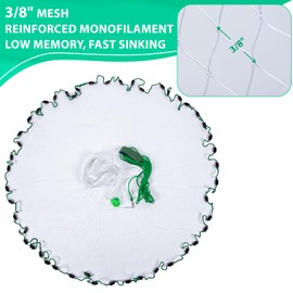 Goture American Fishing Cast Net Saltwater Freshwater, 3/8inch 1/4in Mesh Size Casting Net for Bait Fish Shrimp Trap, Black Sinkers, 3ft/4ft/5ft/6ft/8ft/10ft Radius Throw Cast Net with Needle