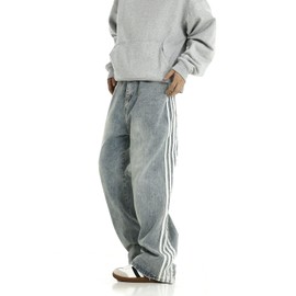 Men's Baggy Vintage Jeans Loose Fit Denim Pants with Stripes on The Side Relaxed Skateboard Denim (US, Alpha, Large, Regular, Regular, Light Blue)