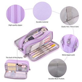 Large Pencil Case 3 Compartments, Big Capacity Pencil Pouch with Zipper, Stationery Pen Bag Organizer for Girls Women Kids Adults Students Teachers School Office - Purple