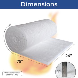 Ceramic Fiber Insulation - 1" Thick x 24" x 75" - 8# Density 2400F - Fireproof Blanket for Forge Furnace Stove Pizza Oven Kiln Chimney Boiler Fireplace, Dishwasher Insulation
