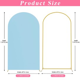 Putros 7.2ft Metal Arch Stand with Cover Dusty Blue Spandex Fitted Wedding Arch Cover and Round Top Chiara Backdrop Stand Set for Birthday Party Baby Shower Decoration