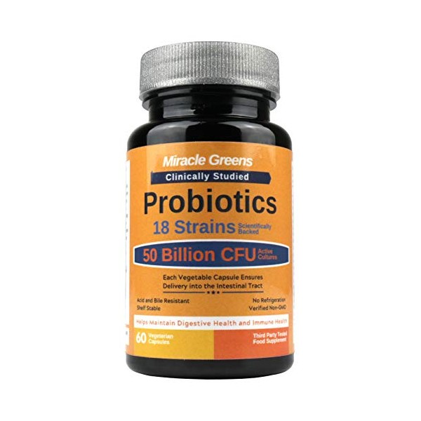 Powerful 50 Billion CFU Probiotics Bio Cultures - 18 Strains, Stomach Acid Resistant, Shelf Stable | Highest Strength Available â Keeps Digestive System Healthy | 60 Vegan Capsules for Men and Women