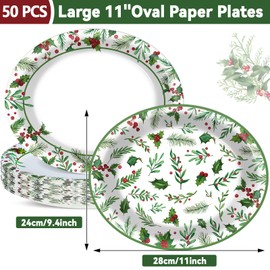 Naozinebi 50Pcs Christmas Oval Plates Christmas Seasonal Holly Paper Plates 9.4 * 11.6inch Large Disposable Platter for Merry Christmas Party and Holiday Party Decorations