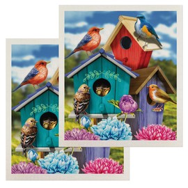 Briarwood Lane Spring Colorful Birdhouses Swedish Dishcloth (2-Pack) 7.5x6.75 Bundle for Kitchen - Eco Friendly Reusable Paper Towels - Dish Cloths for Washing Dishes