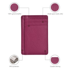 Real Leather Slim Minimalist Wallet for Men and Women -RFID Blocking Front Pocket Thin Credit Card Holder Stylish Wallets (Dark Pink)