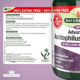 Natures Aid Acidophilus Complex, 5 Billion Bacteria, 180 Capsules (Lactobacillus Acidophilus, Lactobacillus Rhamnosus, Lactobacillus Casei, Good Bacteria, Shelf Stable, Vegan Society Approved)