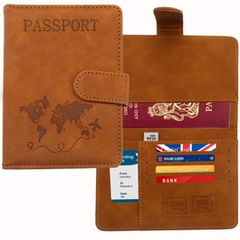 AmiCera Passport Holder, Passport Cover Travel Wallet Organiser, Passport Case with RFID Buckle Closure PU Leather Document Holder for Men Women Family Gifts Essential Travel Accessories (Brown)