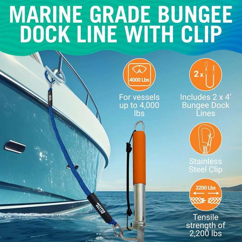 Better Boat Blue Marine Grade Bungee Dock Lines, 2 Pieces,