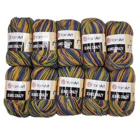 500 g Ilkadim Export Jeans Crazy Knitting Wool Multicoloured with 55% Cotton, 10 x 50 g Cotton Knitting Yarn with Colour Gradient (Purple Ochre Green 8213)