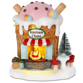 Light-Up Gingerbread Village House Christmas Decor – Ice Cream Chalet Collectible Shop Figurine for Indoor Holiday Home Decoration