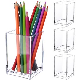 4 Pcs Acrylic Pen Holder Acrylic Pen Pot, Pen Pencil Holder Square Acrylic Pencil Organizer Transparent Pen Cup Clear Makeup Brush Holder Pencil Storage Basket for School Home, Office Desk Accessory
