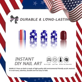 4th of July Press on Nails Short Square French Tip Fake Nails Blue Full Cover America Flag False Nails with Red White Blue Line Designs Glossy Glue on Nails Acrylic Artificial Nails for Women Girls