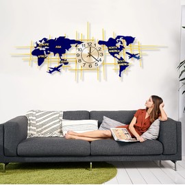 GDSPD Large Wall Clocks for Living Room Decor,37.8 Inch Modern Wall Clock Silent Quartz 3D Clock,World Map Wall Clock Handmade Iron Frameless Wall Clock, Home Decorations for Bedroom Kitchen Office