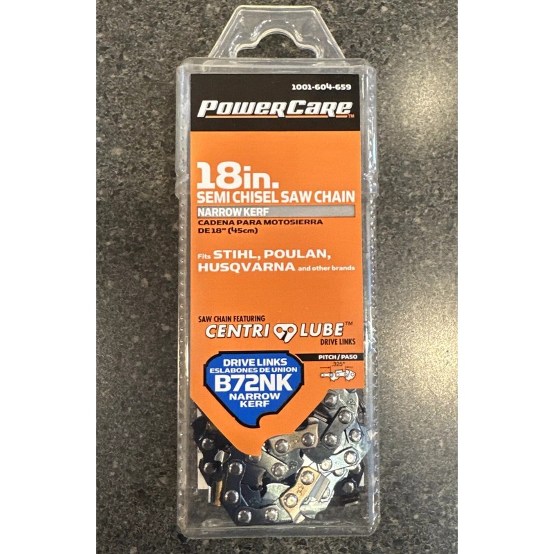 Powercare Semi Chisel Chainsaw Chain Narrow Kerf B72 18" 1001-604-659