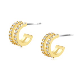 Obidos 14K Gold Plated Double Huggie Hoop Earrings for One Hole | Illusion Stud Earrings for Women