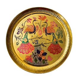Decorative Peacock Brass Thali Plate Brass Thali Prasad Plate for Pooja Utensils Indian Traditional Festival Navratri Housewarming Decorations and Home Decor (Size: - 5 Inches) (Golden)