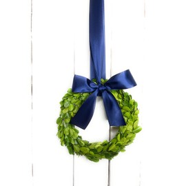 Small Mini Preserved Boxwood Christmas Wreath with Navy Blue Satin Ribbon, Farmhouse Wreath, Choose 6, 8 or 10 inch (6 Inch)