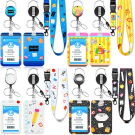 4 Pack Back to School Teacher Lanyards for ID Badges and Keys, Crayon Composition Notebook Style Retractable Badge Reel with Carabiner Clip, Cute ID Card Holders for Back to School Gifts