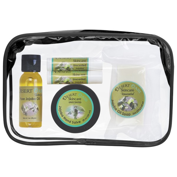 4 Item Jojoba Oil Skincare Travel Pack. No added scent. 1 oz. Unscented Jojoba Oil Hand Salve, 2 Jojoba Oil Lip Balms and 2 oz Jojoba Oil Soap. 100% Natural