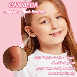 CASSIECA 16 Pairs Hypoallergenic Screw Back Earrings for Women Girls 316L Stainless Steel CZ Pearl Ball Heart Flower Screwback Flat Back Stud Earrings Jewelry Gift Women Girl Multicolored